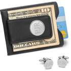 Engraved Black Leather Wallet and Classic Round Cufflinks Set