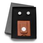 Personalized Classic Round Cufflink and Wallet in Brown Leather
