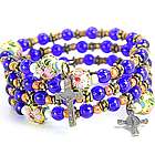 Blue and Coral Glass Bead Rosary Wrap Bracelet