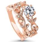 CZ Solitaire Filigree Leaf Rose Gold Plated Engagement Ring Set