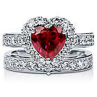 Heart Cut Ruby Sterling Silver Halo Bridal Ring Set