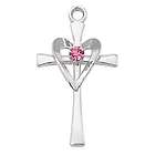 Sterling Silver Pink Heart Cross Pendant on Rhodium-Plated Chain