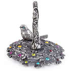 Bird on a Colorful Crystal Flower Bed Pewter Ring Holder