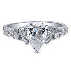 Platinum Plated Sterling Silver Pear Cut CZ Solitaire Ring