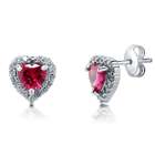 Sterling Silver Heart Shaped Simulated Ruby CZ Halo Stud Earrings