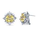 Sterling Silver Cushion Yellow CZ Halo Flower Omega Stud Earrings