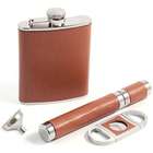 Leather Flask, Cigar Case and Cutter Set