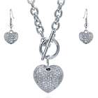 Silver-Tone CZ Heart Fashion Necklace and Earrings
