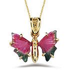 Pink & Green Tourmaline Butterfly Pendant in 18K Yellow Gold