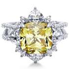 Sterling Silver Cushion Yellow CZ Halo Flower Split Shank Ring