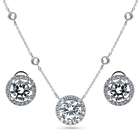 Sterling Silver CZ Halo Necklace and Earrings Ensemble
