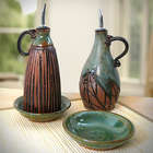 Botanical Green Carved Pottery Cruets and Dishes