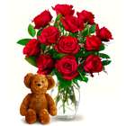 One Dozen Red Roses in Glass Vase and Teddy Bear