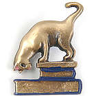 Brass Cat on Books Brooch
