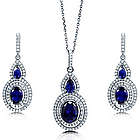 Oval Cut Simulated Sapphire Silver Double Halo Jewelry Set
