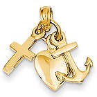 Cross, Heart and Anchor Charm Pendant in 14k Yellow Gold