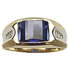 Men's Synthetic Sapphire Diamond Ring in 14K Gold