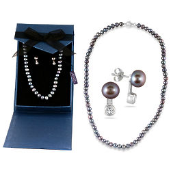 Freshwater Black Pearl and White Topaz Necklace and Earrings
