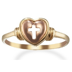 14k Yellow Gold Cross Ring with Rose Gold Heart
