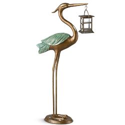 Heron with Lantern Verdigris and Bronze Effects Garden Statue
