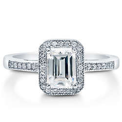 Emerald Cut Cubic Zirconia Sterling Silver Halo Ring