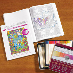 Art Nouveau Animals Mindful Mazes Coloring Book & Colored Pencils