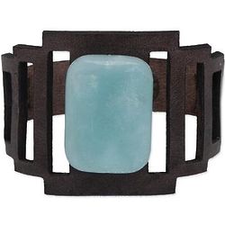 Espresso and Water Amazonite Leather Wristband Bracelet