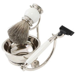 Mach 3 Razor, Badger Brush, and Soap Dish on Chrome Stand
