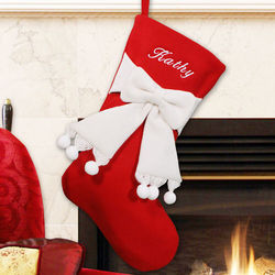 Embroidered Red and Ivory Bow Christmas Stocking