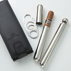 Personalized Leather Cigar and Flask Set