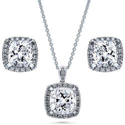 Sterling Silver Cushion CZ Halo Bridesmaids Necklace & Earrings