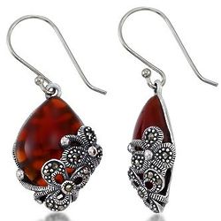Carnelian and Marcasite Floral Earrings in Sterling Silver