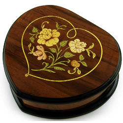 Wood Heart Shaped Floral Inlay Music Jewelry Box