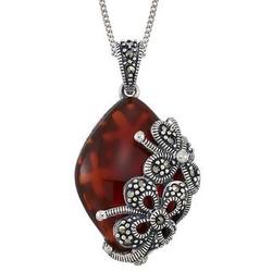Carnelian and Marcasite Floral Pendant in Sterling Silver