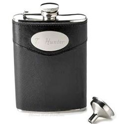 Black Leather Engraved Flask with Funnel