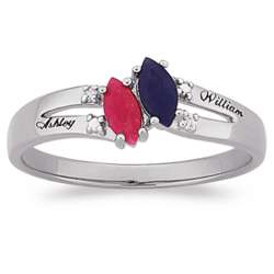 Sterling Silver Couples Marquise Birthstone and Diamond Name Ring