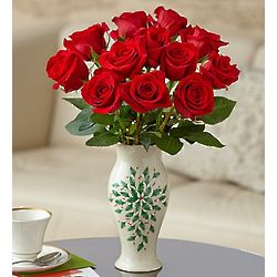 Lenox Holiday Vase Arrangement with Red Roses