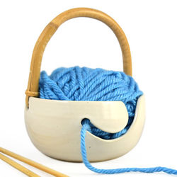 Handcrafted Pottery Yarn Bowl with Bamboo Handle