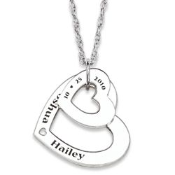 Sterling Silver Couple's Engraved Name and Date Hearts Necklace