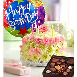 Happy Birthday Pastel Flower Cake with Balloon and Chocolates