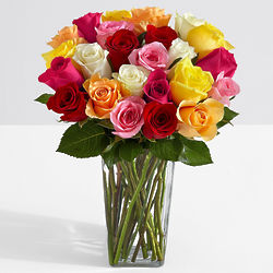 Two Dozen Rainbow Mother's Day Roses with Square Glass Vase