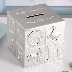 Personalized ABC Block Piggy Bank with Nickel-Plated Finish