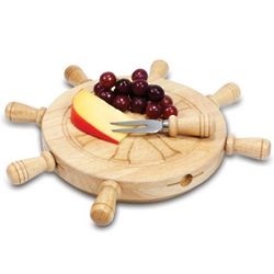 Ships Helm Revolving Wood Cheese Board and Tool Set