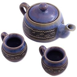 Chapala Waves Blue Ceramic Tea Set for Two