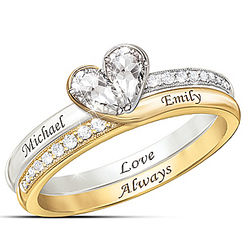 Personalized White Topaz Engraved Couples Ring