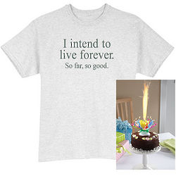 Musical Spinning Birthday Candle and Live Forever T-Shirt Set