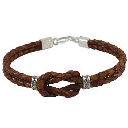 Silver Accent Hand Braided Leather Bracelet in Russet Brown