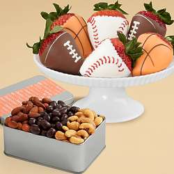 Snack Lover's Nut Trio & 6 Sports Decorated Strawberries Gift Box