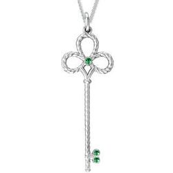 Sterling Silver Emerald May Birthstone Large Key Necklace