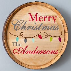 Christmas Lights Personalized Wood Barrel Sign